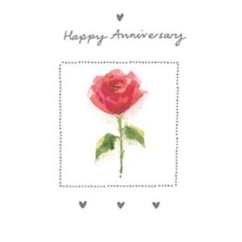 Happy Anniversary Card Red Rose Avocado Design Paper Rose.  A really simple and pretty Anniversary card by Avocado Designs for Paper Rose is an image of a water colour effect of a Red Rose with foil stamping border and hearts. Says 'Happy Anniversary' o